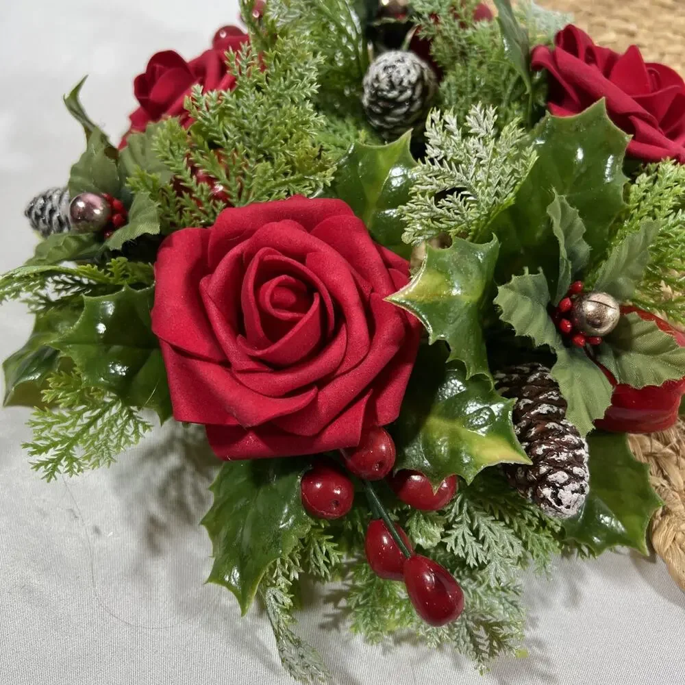 Vintage Candle Ring Wreath MCM Mid Century Mercury Glass Red Roses Berries Holly